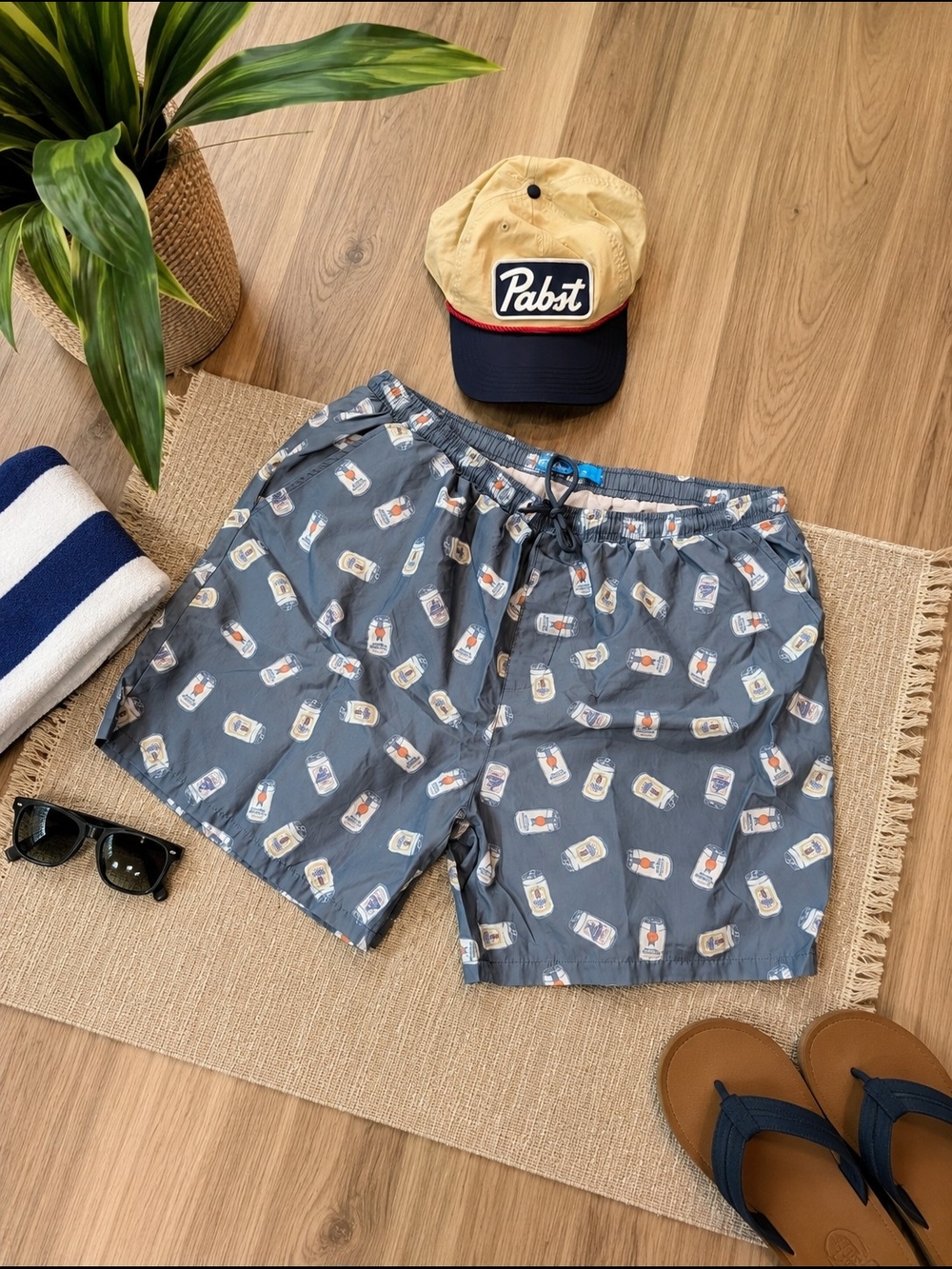 Pabst Blue Ribbon Swim Trunks + Matching Hat Set | Men's XXXL | Beach Pool Party